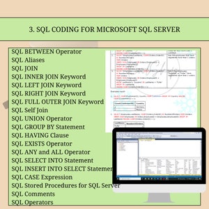 Op de afbeelding: Een lijst met SQL-coderingsconcepten voor Microsoft SQL Server, inclusief operatoren, joins en clausules. De lijst wordt weergegeven op een groene achtergrond met een screenshot van een computerscherm dat SQL-code in een teksteditor toont.
