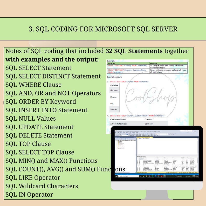 Op de afbeelding: Een screenshot van een computerscherm met een Microsoft SQL Server-databasequery. De query wordt gebruikt om unieke waarden te selecteren uit de kolom Country in de tabel Customers. De resultaten van de query worden weergegeven in een tabel met de kolomkoppen Country en CustomerName. De query bevat ook een opmerking met de tekst "Cool Shop".