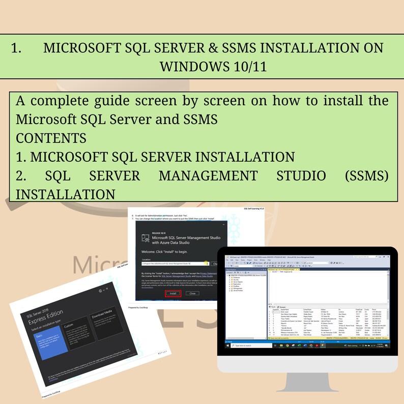 Op de afbeelding: Een screenshot van een computerscherm dat het installatieproces voor Microsoft SQL Server en SQL Server Management Studio (SSMS) op Windows 10/11 laat zien. Het scherm toont het welkomstbericht voor het installatieproces, met een knop om de installatie te starten.