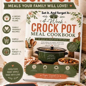 May include: A cookbook titled 4-Week Crock Pot Meal Cookbook featuring a green slow cooker filled with food on the cover. The cover includes floral illustrations, text about 28 easy and delicious recipes, and a QR code in the bottom corner.