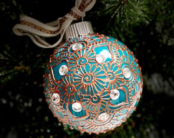 Henna Inspired Glass Ornament//Hand Painted//Holiday//Ramadan Ornament//