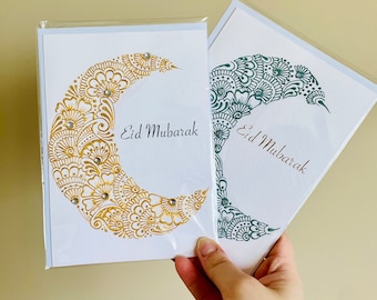 Handmade Eid Mubarak Card: Henna Crescent Moon Design, Personalized Colors