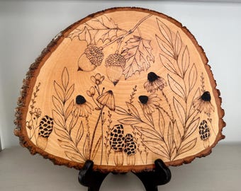 Hand Burned Woodland Art, Mushroom Acorn Pyrography on Basswood