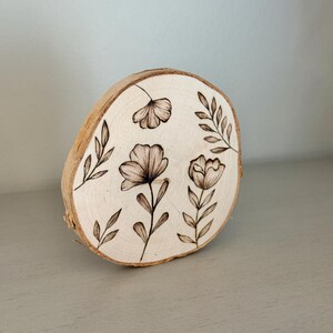 Wood Burned Floral Birch Slice, Pyrography Art, Rustic Decor (3 inch)