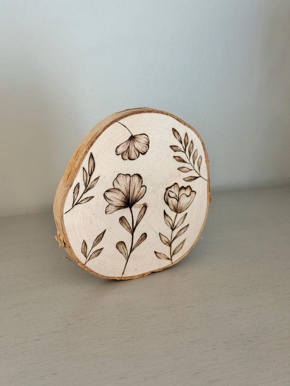 Wood Burned Floral Birch Slice, Pyrography Art, Rustic Decor (3 inch)