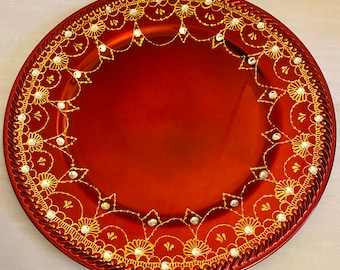 Hand-Painted Henna Charger Plate, Metallic Red & Gold, Rhinestone Accents