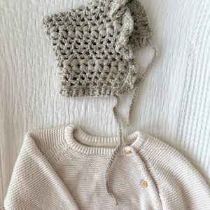 Handmade Harvest Chevron Pixie Bonnet In Ivory Grey | 100% Peru Merino Wool | Crochet Baby/Toddler Bonnet | Newborn to 10 Years