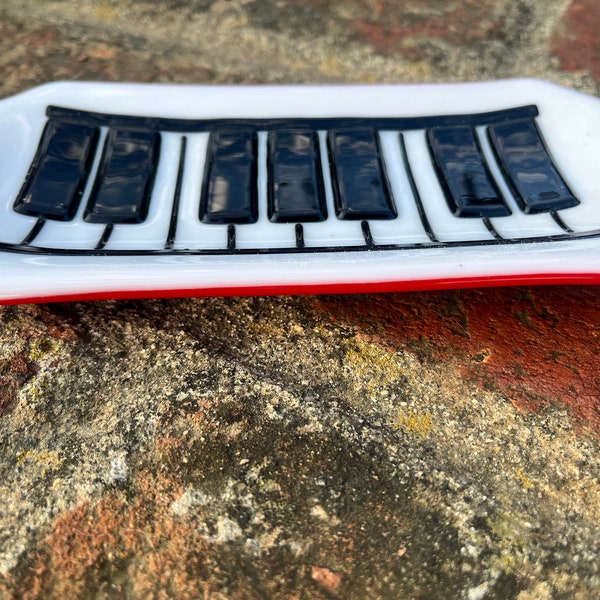 Handmade red and white fused glass piano keyboard trinket dish