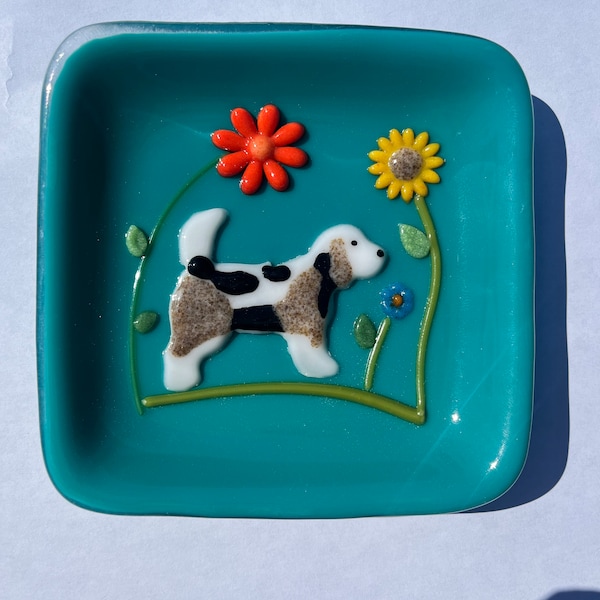 Handmade fused glass turquoise trinket dish with dog and flowers 4 inches square