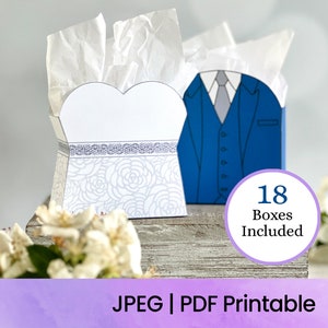 May include: Printable wedding favor boxes in the shape of a bride and groom. The bride box is white with a lace trim and floral pattern. The groom box is blue with a tuxedo design. 18 boxes are included. JPEG | PDF Printable