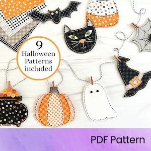 Halloween Ornament Patterns, 9 embroidered felt and fabric ornaments, Digital Download