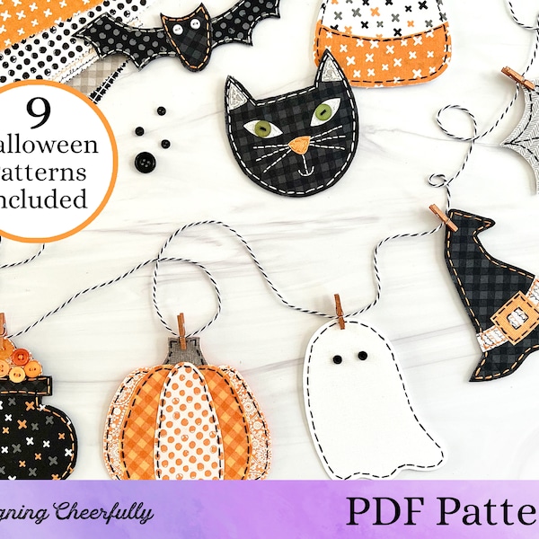 Halloween Ornament Patterns, 9 embroidered felt and fabric ornaments, Digital Download