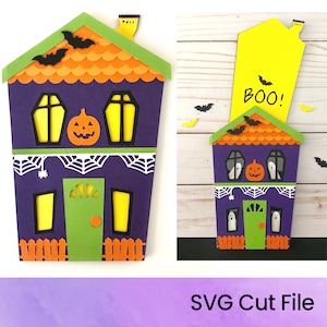 Cartão deslizante de casa assombrada de Halloween - Cartão de puxar - Arquivo de corte SVG