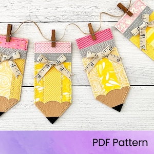Pencil Pattern, Felt and fabric embroidered pencil ornament and banner pennant, Digital Download.