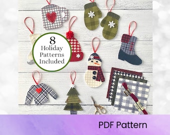 Gemütliche Weihnachtsverzierungs-Muster, Stoff und Filz bestickte Ornamente, digitaler Download