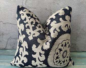 Embroidered Suzani Pillow Cover, Dark Blue Ethnic Cushion (15x15 inch)