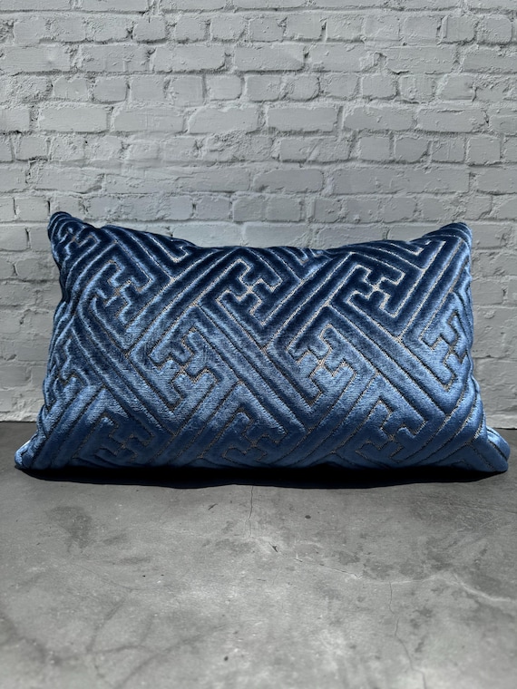 Federa Per Cuscino 45x45 Cm In Cotone E Lino, Ricamo Geometrico Labirinto, Stile Bohémien, Blu - 5