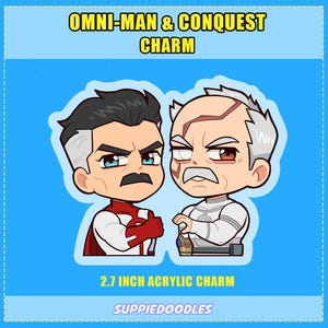 May include: A blue acrylic charm featuring Omni-Man and Conquest from the animated series. The charm has the text "OMNI-MAN & CONQUEST CHARM" and "2.7 INCH ACRYLIC CHARM". The characters are depicted in a cartoon style with bold outlines and vibrant colours.