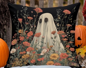 Floral Ghost Throw Pillow, Cottagecore Halloween Decor