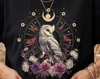 Schleiereule Mond Mandala T-shirt | Okkulte Illustration