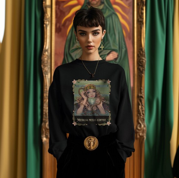 Medusa Needs Coffee Sweatshirt | Mythical Goddess Coffee Humor