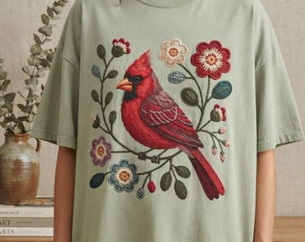Red Cardinal with Floral Wreath T-Shirt | Bird Nature Illustration