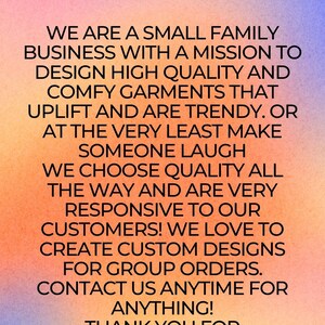 May include: Text on a colorful background that reads "WOMEN GALAXY" and describes a small family business that designs high quality and comfy garments. The text also mentions that they create custom designs for group orders and are responsive to customers.