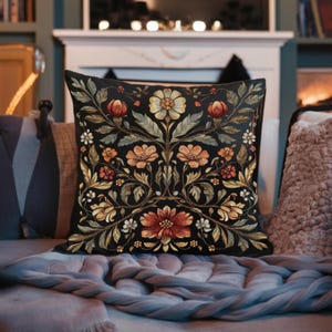Vintage Tapestry Like Pillow cover, Rug Cushion, Botanical, Retro Floral, Colorful, Red Fall Leaves,Flower Embroidery Style, Pillowcase Only