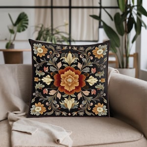 Vintage Tapestry Like Pillow cover, Rug Cushion, Botanical, Retro Floral, Colorful, Red Fall Leaves,Flower Embroidery Style, Pillowcase Only