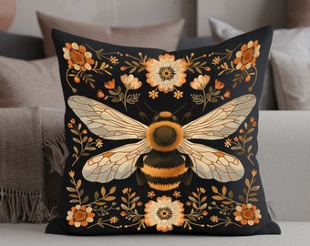 Almohada vintage con diseño de abejas y flores, estilo cottagecore Art Nouveau, regalo de inauguración de la casa, tonos terrosos con flores, funda de cojín bordada.
