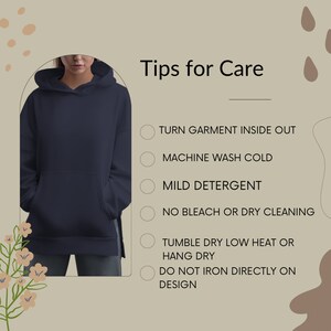 May include: Tips for caring for a navy blue hoodie. The instructions include turning the garment inside out, machine washing cold, using mild detergent, not bleaching or dry cleaning, tumble drying on low heat or hanging to dry, and not ironing directly on the design.