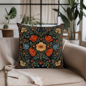 Vintage Tapestry Like Pillow cover, Rug Cushion, Botanical, Retro Floral, Colorful, Red Fall Leaves,Flower Embroidery Style, Pillowcase Only