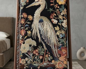 Manta com estampa de garça, estilo Dark Academia, tapeçaria floral com pássaros, decoração botânica para casa, roupa de cama estilo cottagecore, presente com manta em estilo vintage