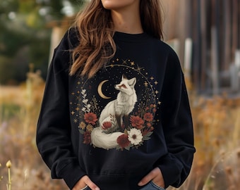 Embroidered Fox Sweatshirt, Floral Cottagecore Celestial Design