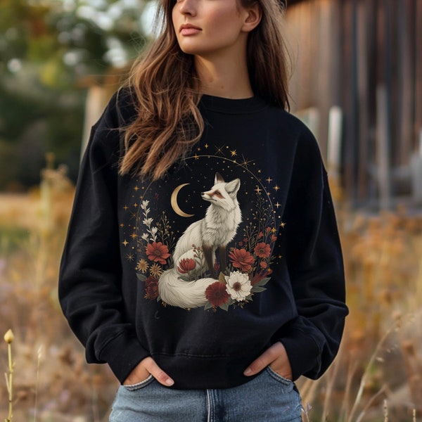 Embroidered Fox Sweatshirt, Floral Cottagecore Celestial Design