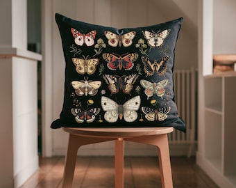 Botanical Moth Print Throw Pillow - Velvet Cushion Cover, Insect Art Home Decor