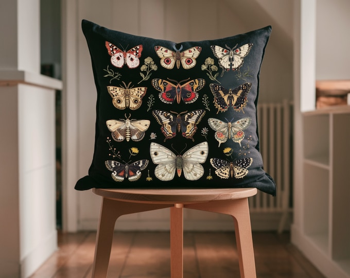 Vintage Butterfly Throw Pillow Botanical Nature Decor Cottagecore Accent Cushion for Living Room Moody Dark Academia Bedding, Butterfly Gift