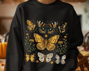 Vintage Butterfly Moth Sweatshirt, Cottagecore Botanical Art Top