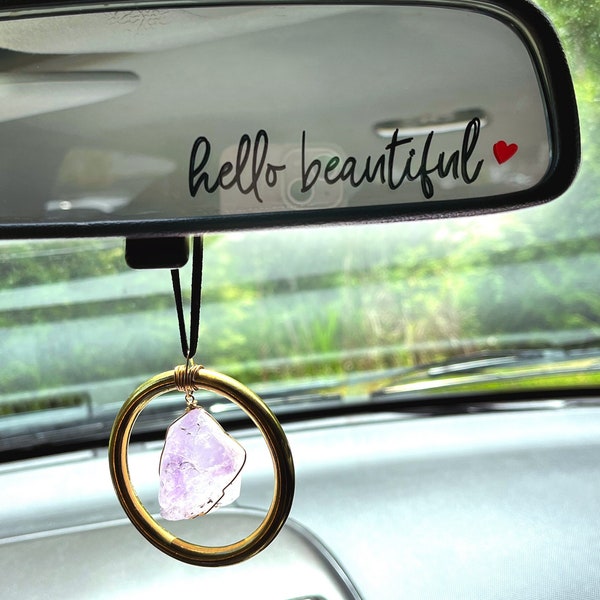 Hello Beautiful Rearview Mirror Decal with Heart | Rearview Mirror Sticker | Affirmation Sticker