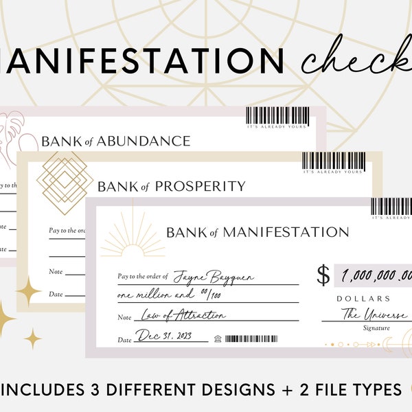 Printable Manifestation Checks for abundance. Law of attraction tool for money and wealth. Checks for vision boards.