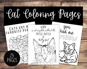 25 PDF Cat Coloring Pages | Digital download coloring sheets, cats, meow, cute animals, drawing, digital art, kids and adults