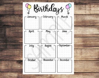 PDF ONLY | birthday tracker dot Journal template | printable, tracker, list, monthly, planner, journal, birthday