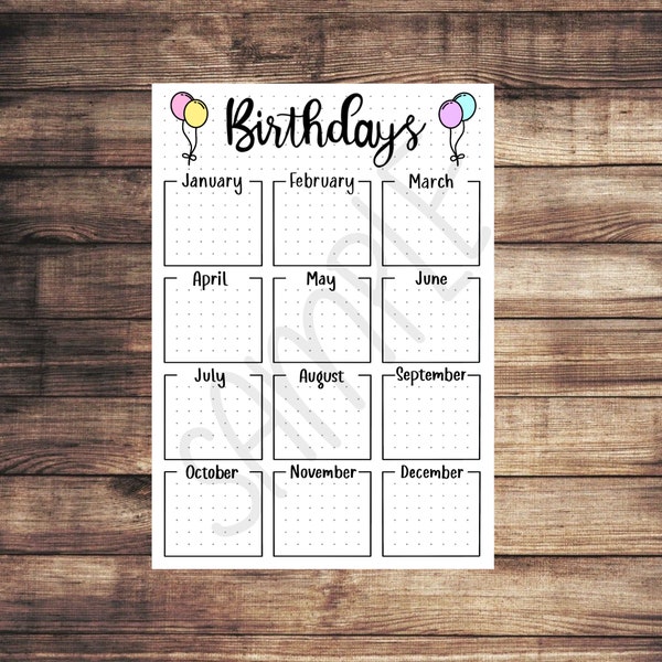 PDF ONLY | birthday tracker dot Journal template | printable, tracker, list, monthly, planner, journal, birthday