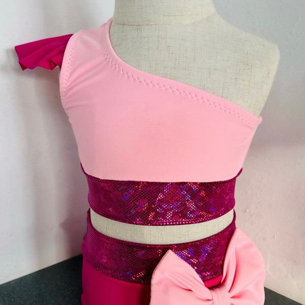 Size 3T/4, & 5/6 Custom holographic pink girls/toddler adorable bow and ruffle dancewear class wear, convention wear costume, or swimwear