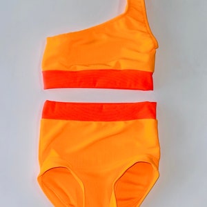 Size Medium 7/8 Custom Neon Orange Ribbed Spandex dancewear, class wear, swimwear, dance convention. Standout