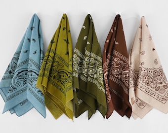 Mountain Valley Green Brown Earthy Tone Unisex Bandanas 100% Cotton Botanical Head Wraps Paisley Floral Square Scarf Gift for Dogs and Cats