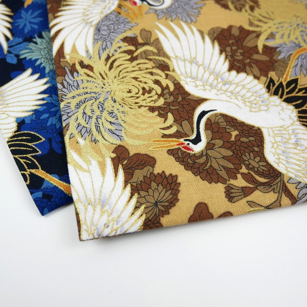 Blue White Gold Butterflies Japanese Crane Hair Wraps 100% Cotton Asian Printed Bandana Dog Cat Bandanas