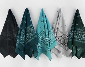 Blue Teal Black Gray Earthy Unisex Bandanas 100% Cotton Botanical Head Wraps Paisley Floral Square Scarf Gift for Dogs and Cats