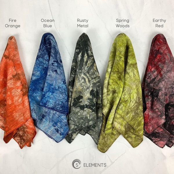 Feu d'eau 5 éléments inspiré cadeau zen - ton terreux teint à la main tie dye coton lin bandana foulard carré unisexe pour hommes et femmes