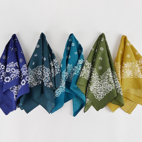 Olive Green White Floral 100% Cotton Bandanas Botanical Head Wraps Scarf Gift for Her Set Cat Dog Bandanas